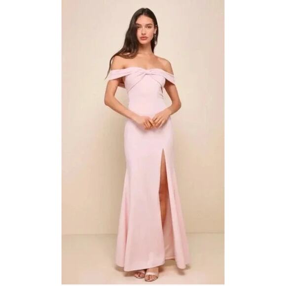 Lulus Elegant Perception Light Pink Off-the-Shoulder Bow Maxi Dress Size M - Picture 12 of 15